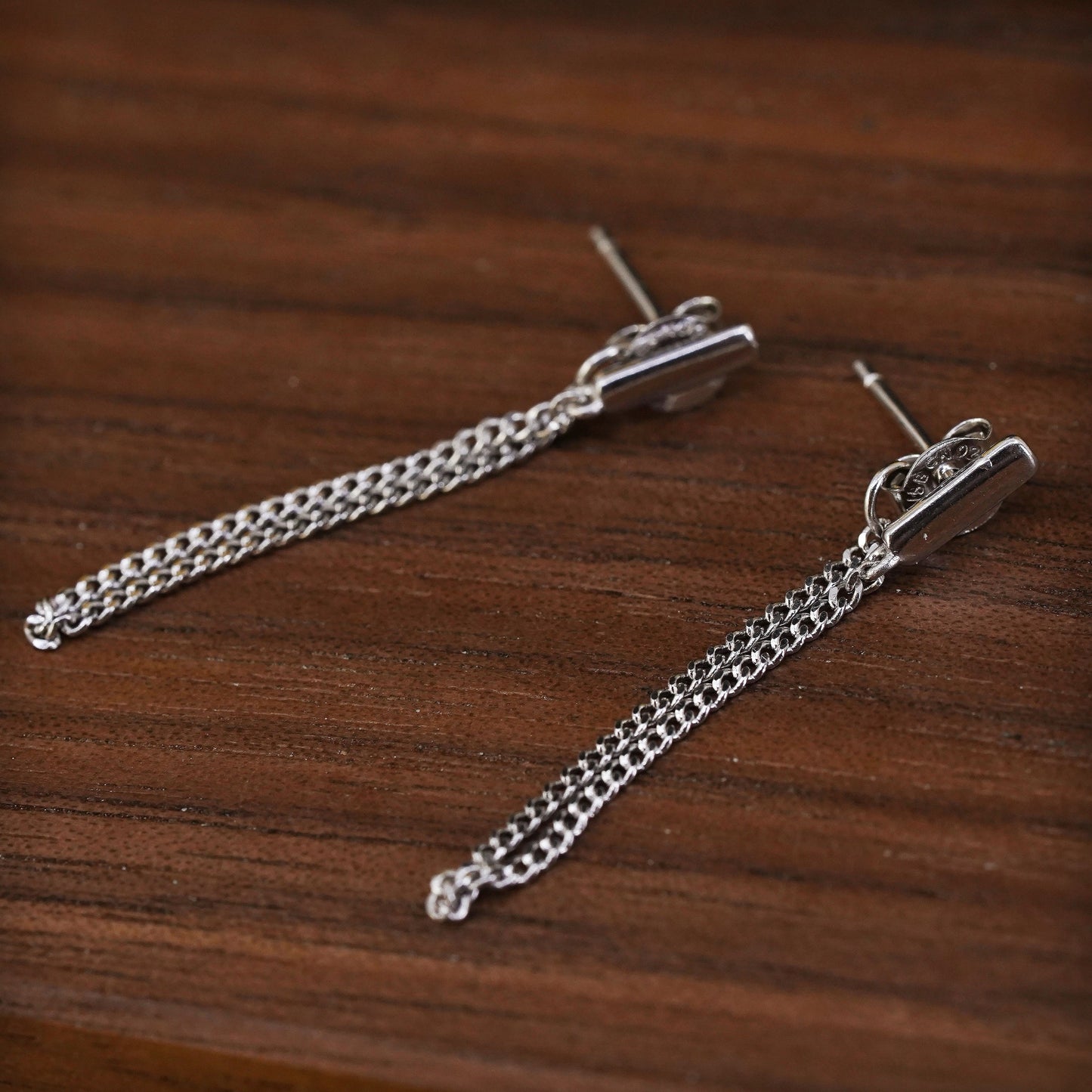 Vintage sterling silver handmade earrings, 925 studs with curb chain fringe