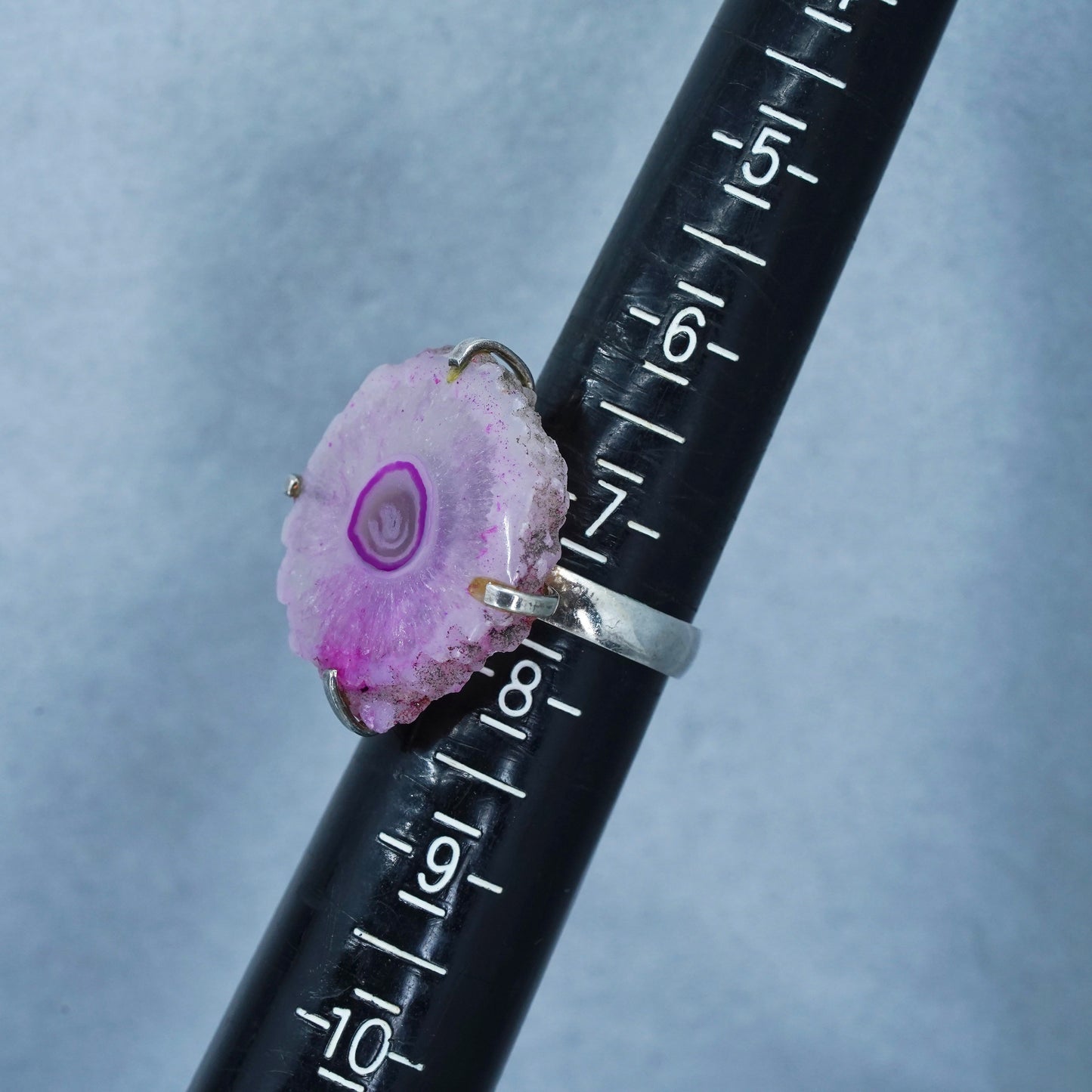Size 7.25, vintage Sterling 925 silver handmade statement ring with pink agate