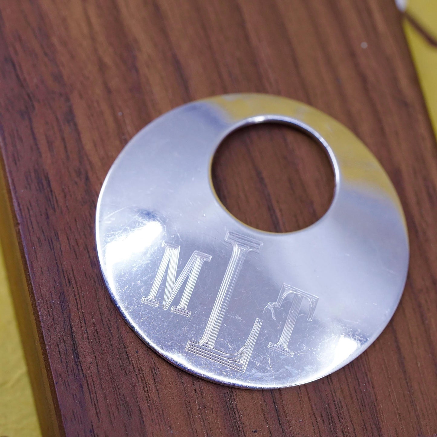 Vintage Sterling 925 silver handmade circle pendant with name monogram "MTL"