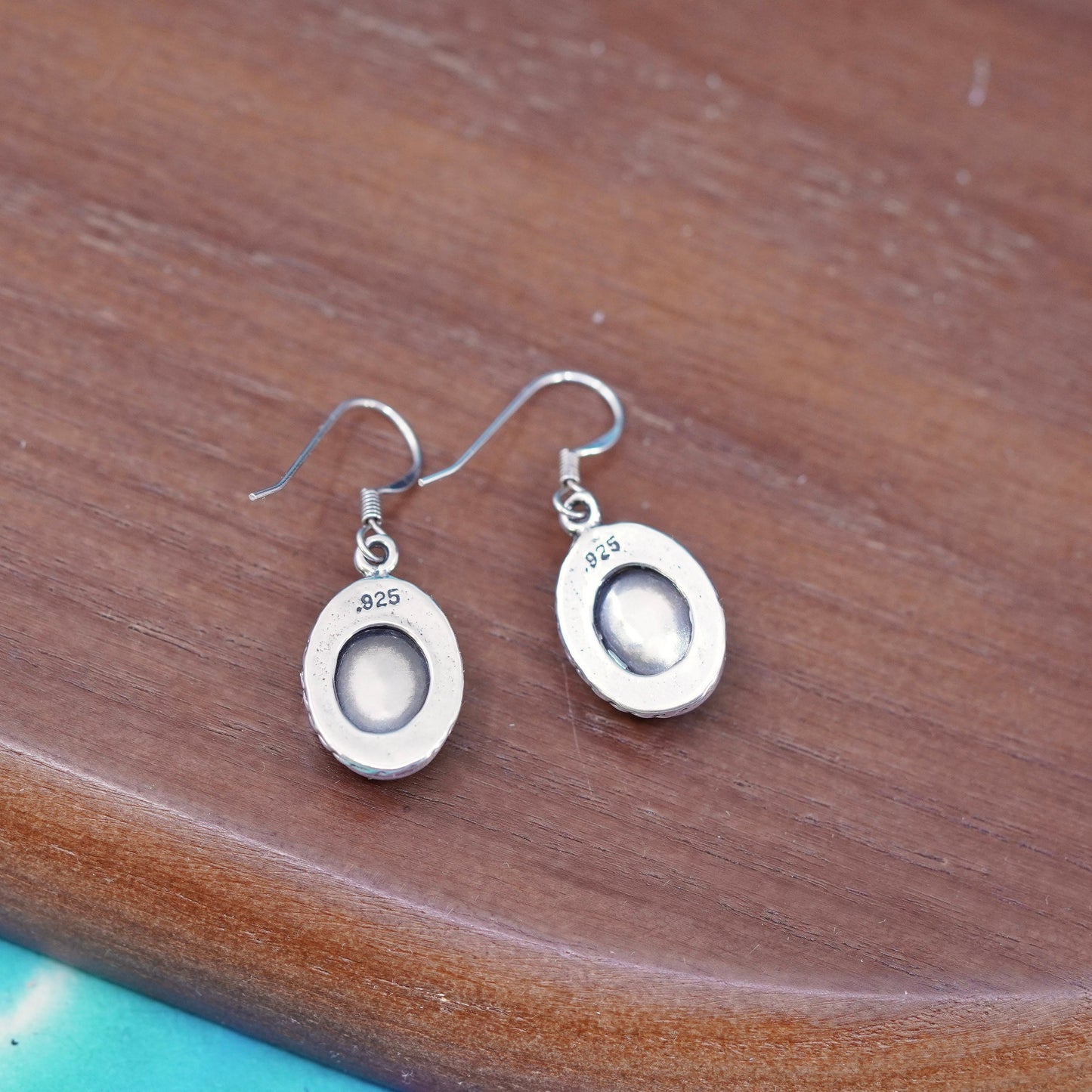Vintage Sterling 925 silver handmade earrings with oval rain flower stone