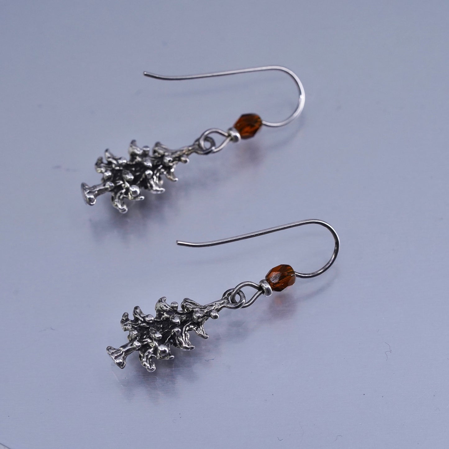 Vintage Sterling 925 silver handmade Christmas tree earrings with citrine