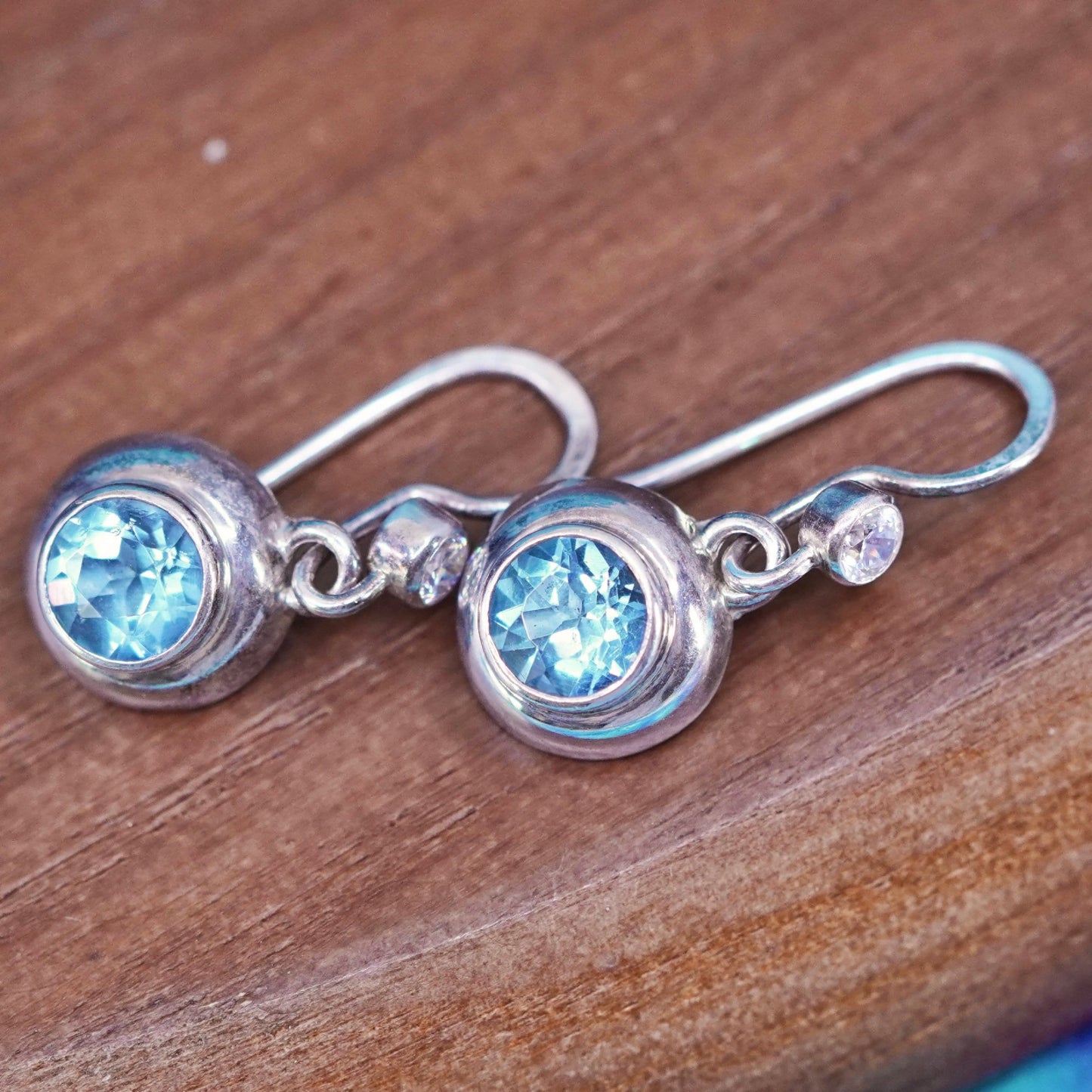 Vintage sterling 925 silver handmade round earrings with blue topaz