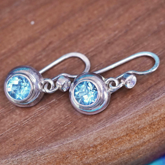 Vintage sterling 925 silver handmade round earrings with blue topaz