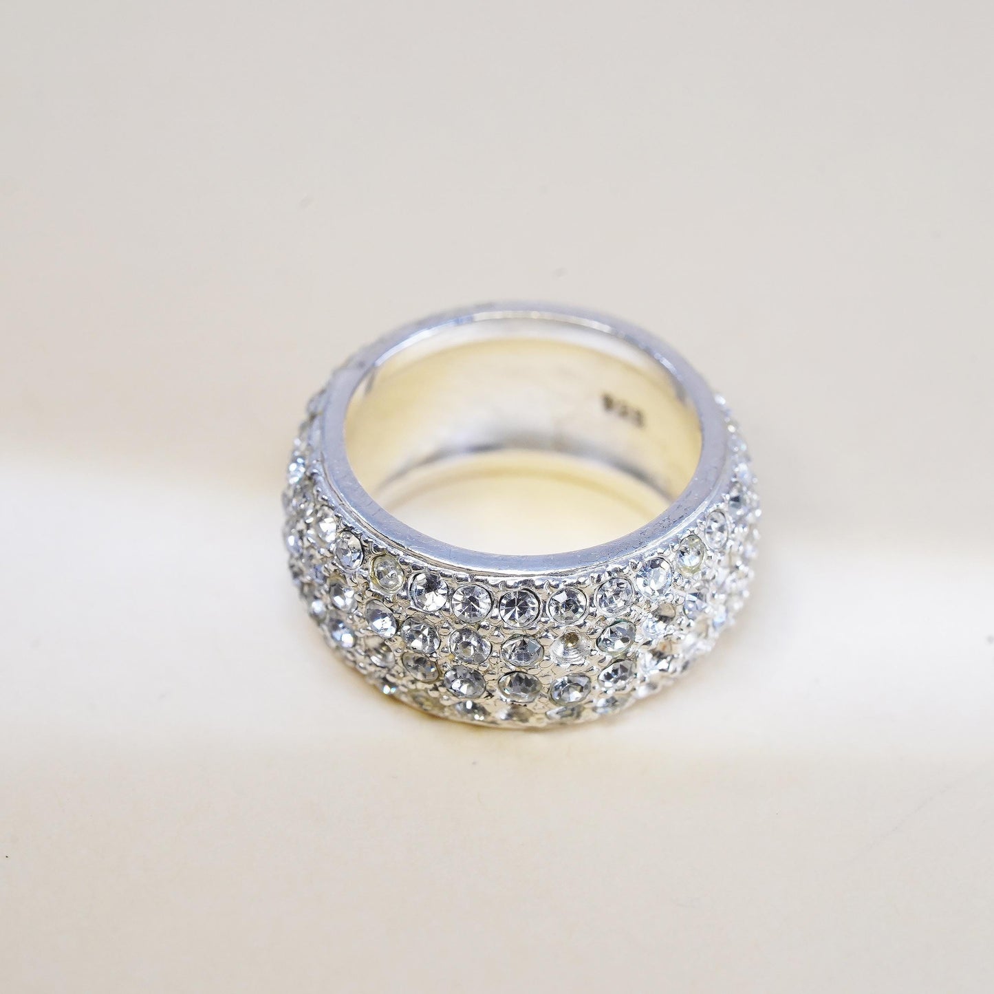 Size 6.5, vintage sterling 925 silver ring with cluster CZ, statement wide band