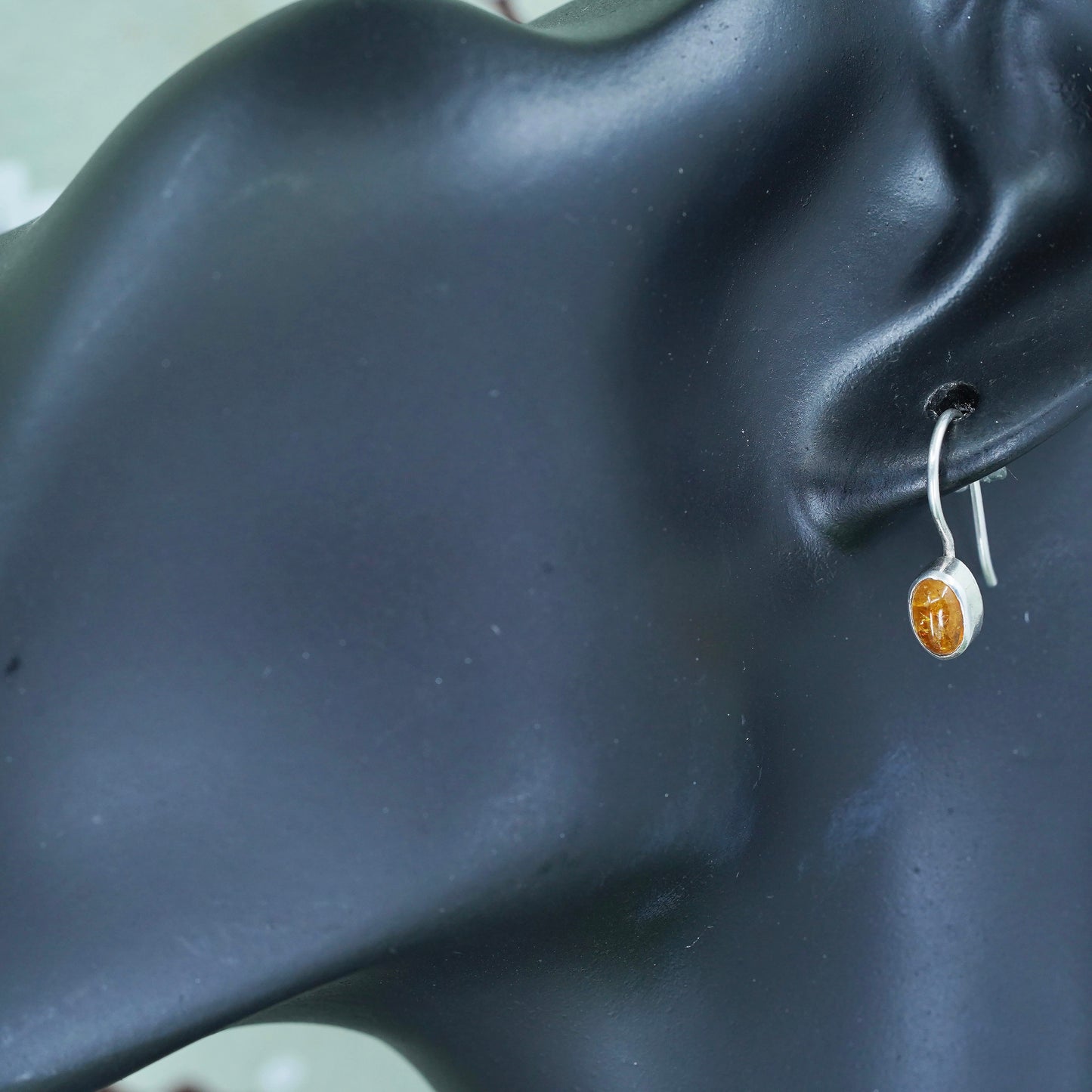 Vintage sterling 925 silver handmade earrings with oval Amber