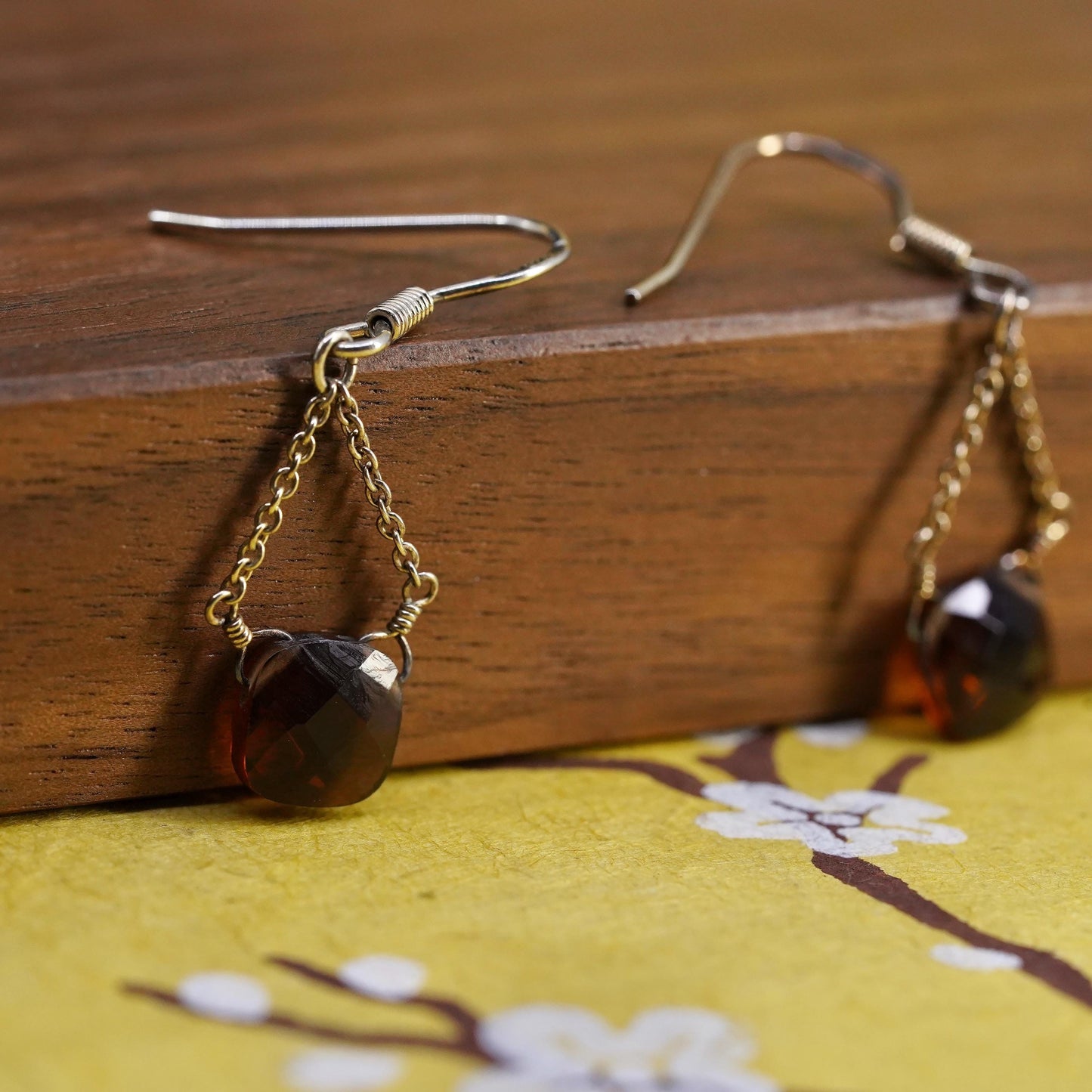 Vintage gold plated Sterling 925 silver handmade earrings w/ smoky quartz beads