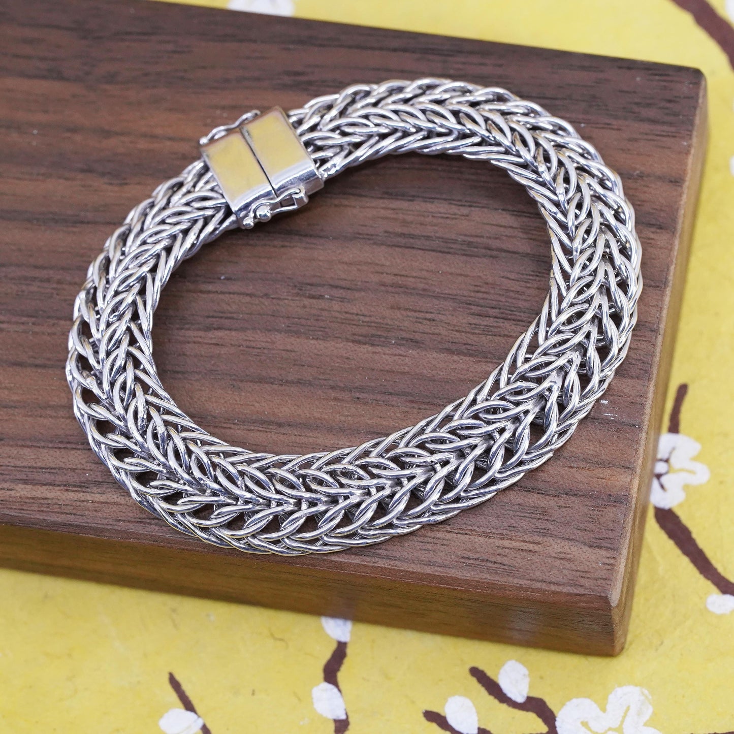 6.5" 12mm, Vintage Turkish Sterling silver flatten wheat chain, 925 bracelet