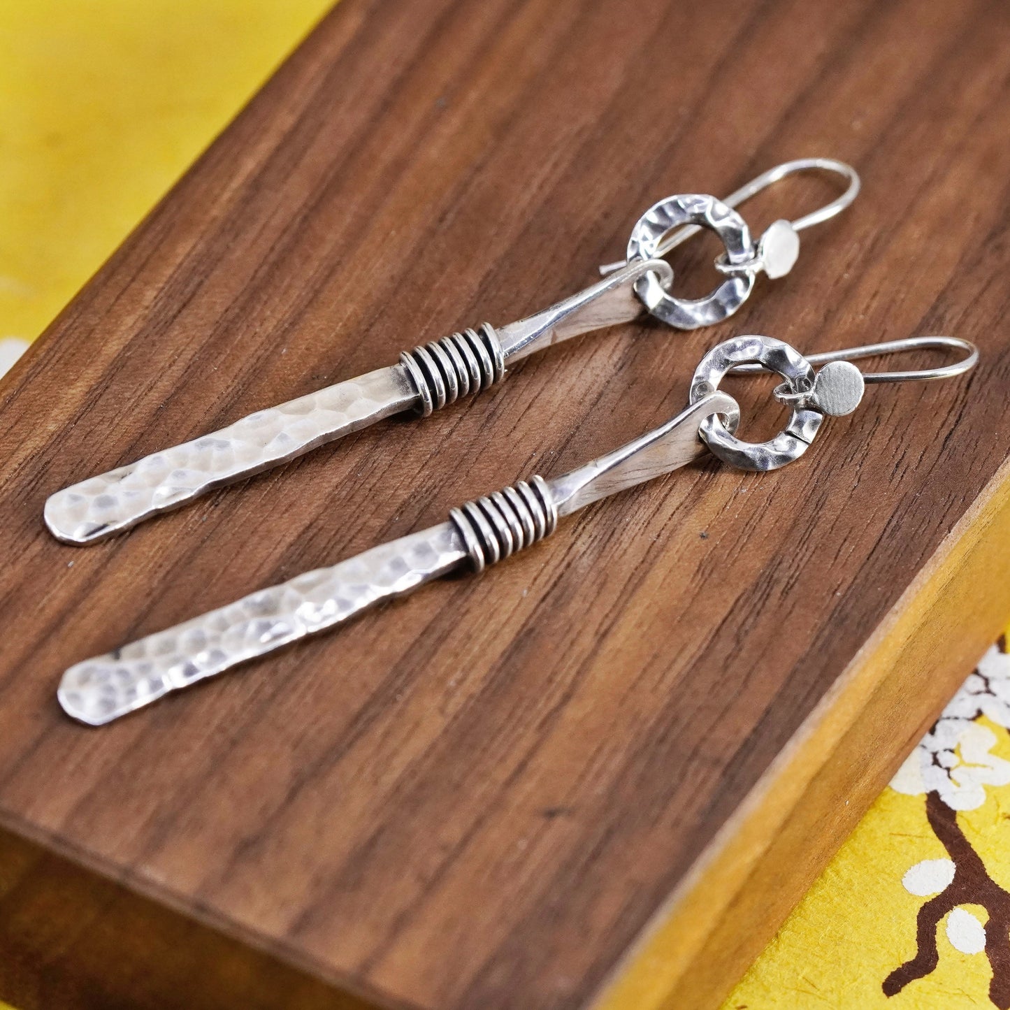 Vintage Mexico Sterling silver handmade earrings, 925 Hammered long dangles