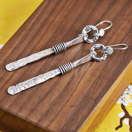 Vintage Mexico Sterling silver handmade earrings, 925 Hammered long dangles