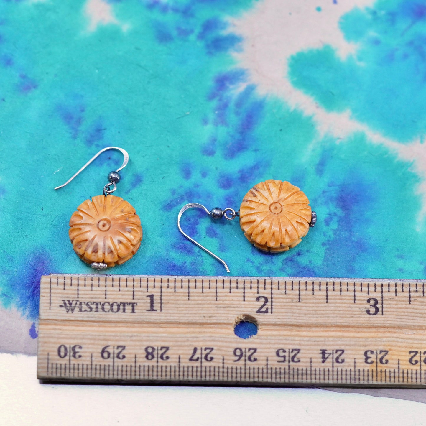 Vintage sterling silver handmade earrings with carved flower dangles