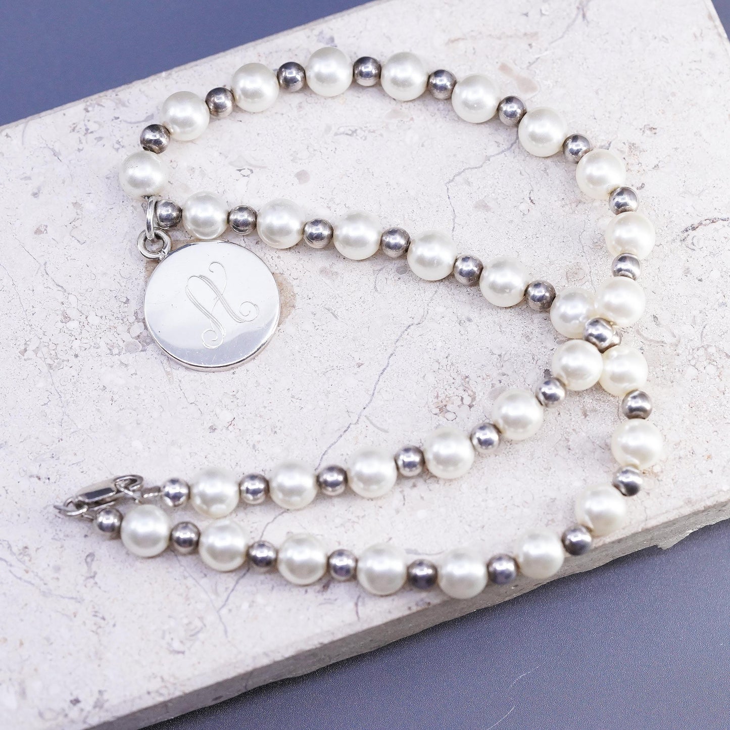 16", vintage sterling 925 Silver necklace with genuine pearl beads tag Letter A