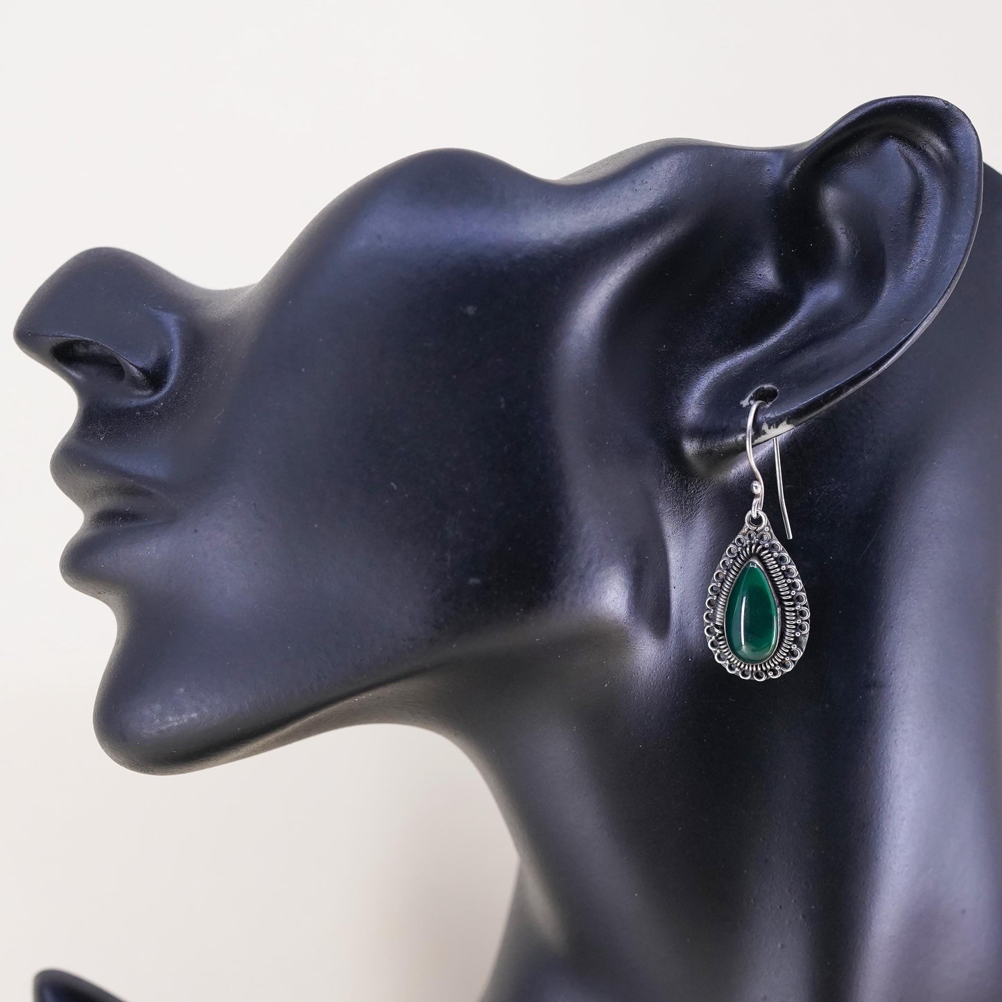 Vintage sterling 925 silver handmade earrings with teardrop jade