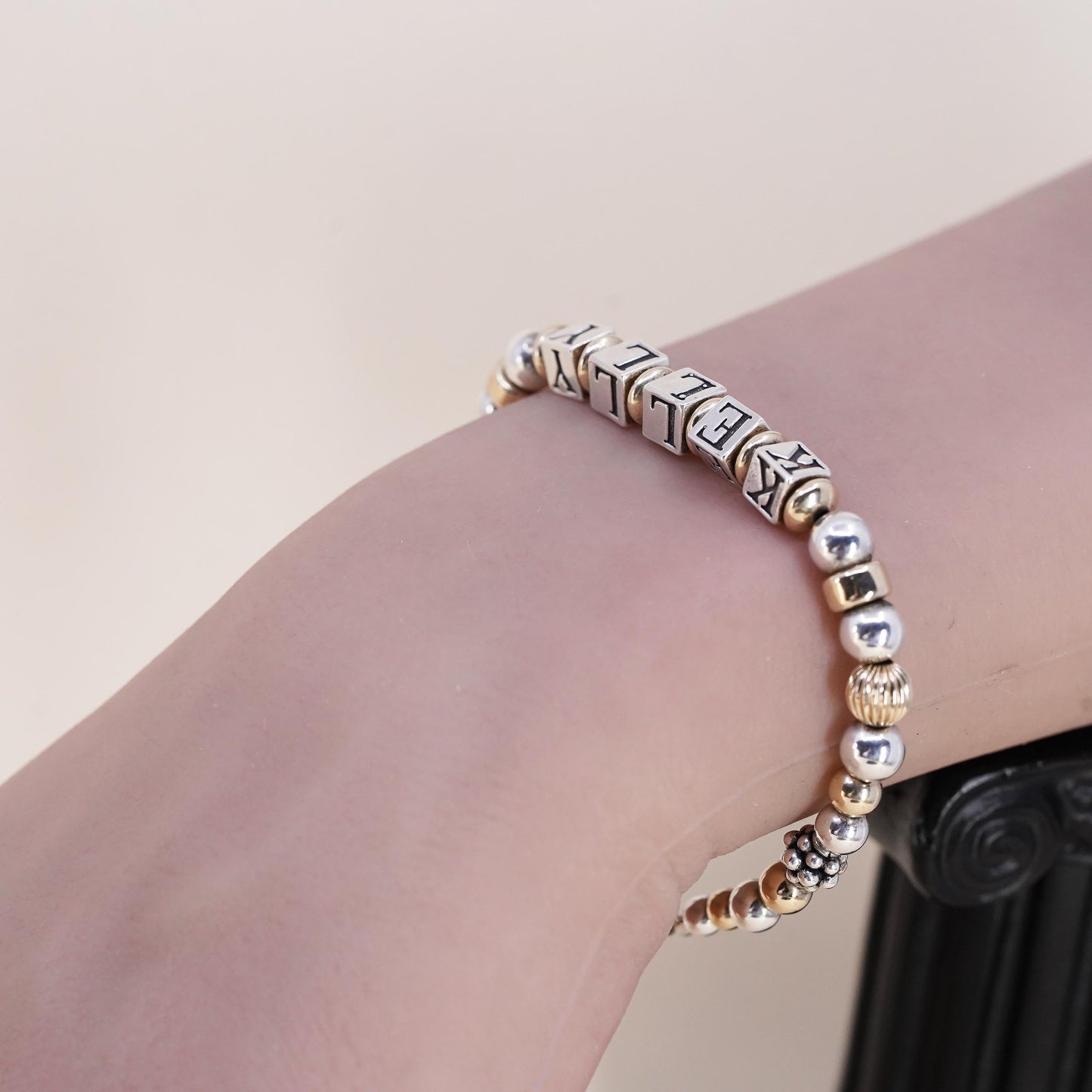 6.5", VTG Sterling 925 Silver 14K yellow gold beads bracelet name Kelly cubes