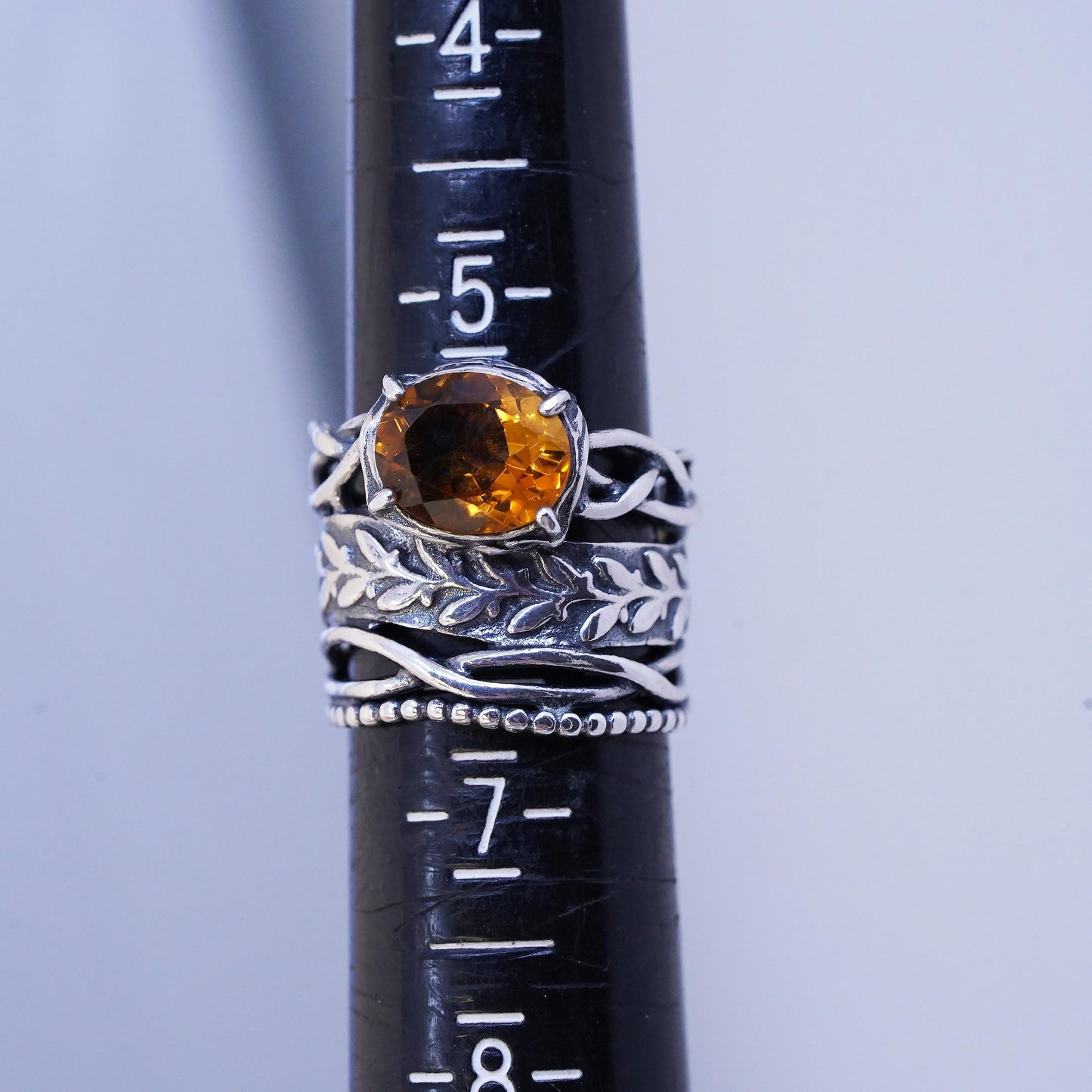 Size 6, VTG Israel PZ Israel Sterling Silver Oval Citrine Ring, Leaf Vine Band