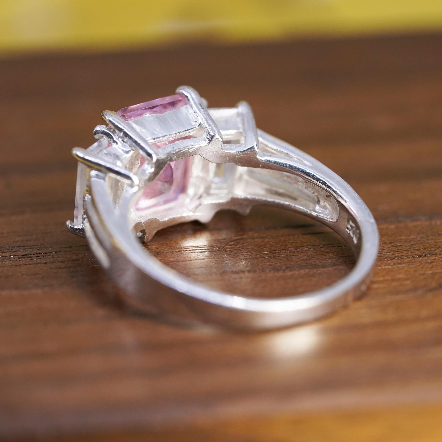 Size 7.5, vintage Sterling 925 silver ring with pink crystal and clear cz