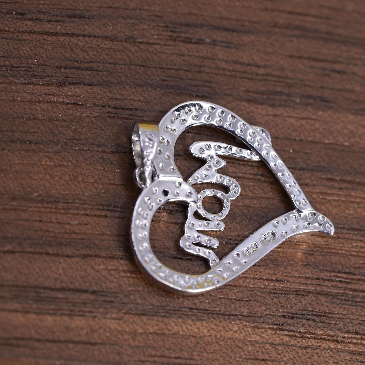 Vintage Sterling silver handmade pendant, 925 heart with “mom” diamond details