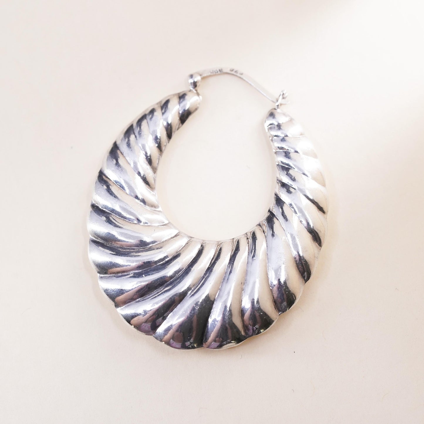 1.75", Vintage sterling silver loop single earring, ribbed primitive hoop