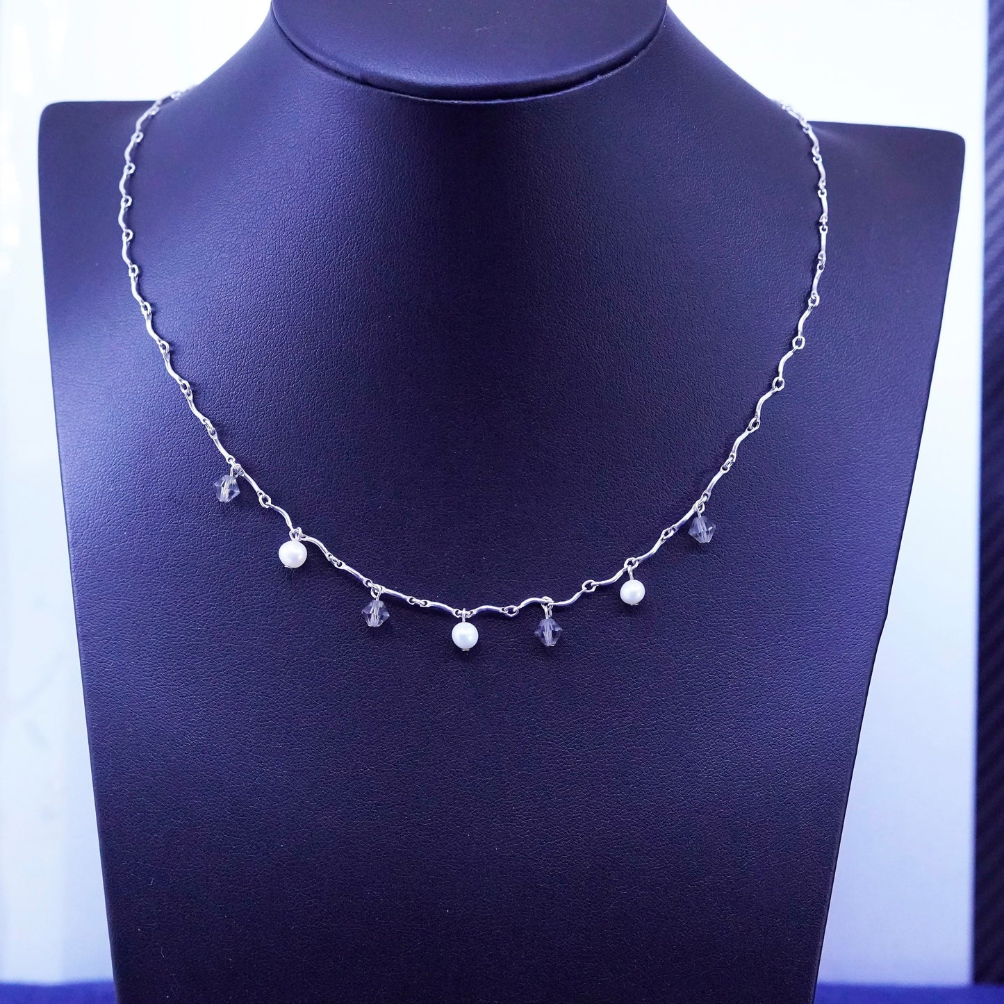 18”, vintage Sterling silver necklace, 925 DNA bone chain w/ pearl and crystal
