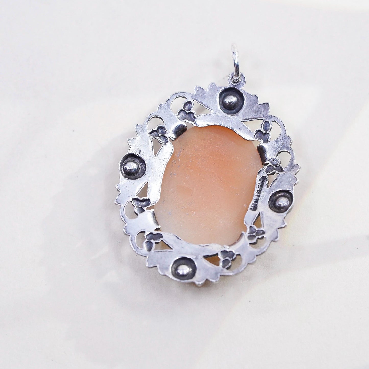 VTG Sterling 925 silver pendant mother of pearl cameo lady cluster marcasites