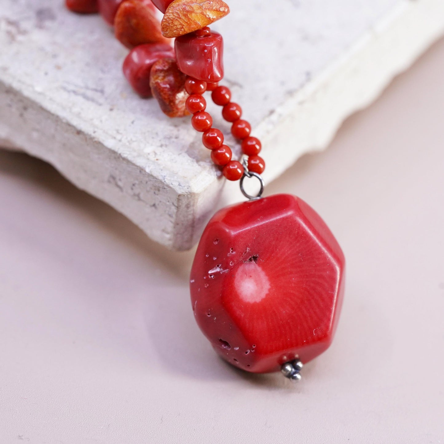 16", silver tone necklace, coral beads necklace pendant with toggle closure