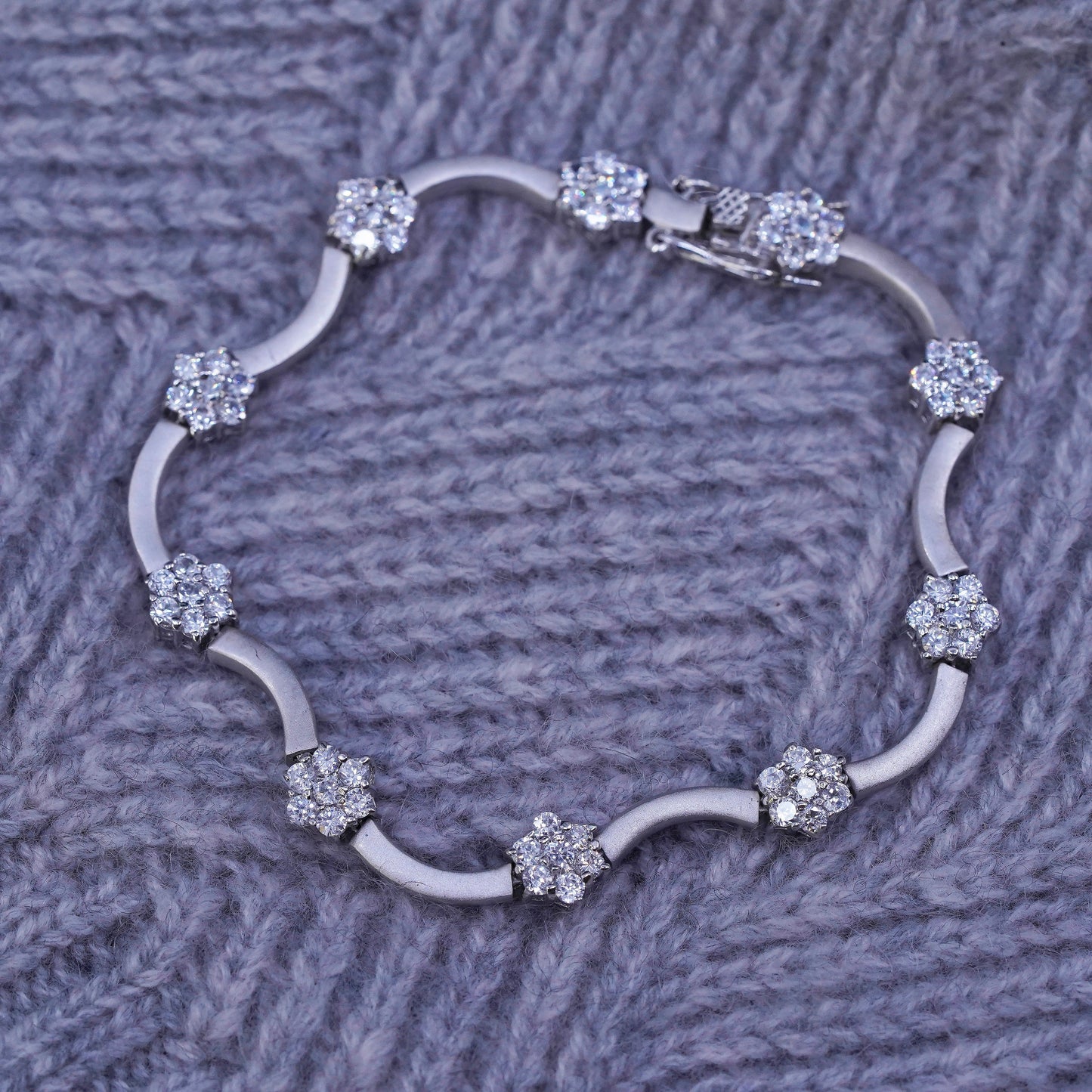 7”, vintage matte sterling 925 silver tennis bracelet with Cz flower details