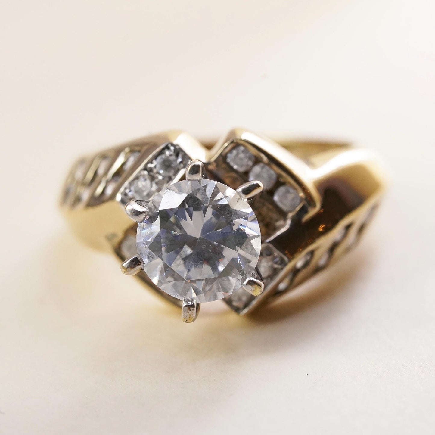 Size 7.25, Vintage gold over sterling silver CZ ring, 925, engagement ring