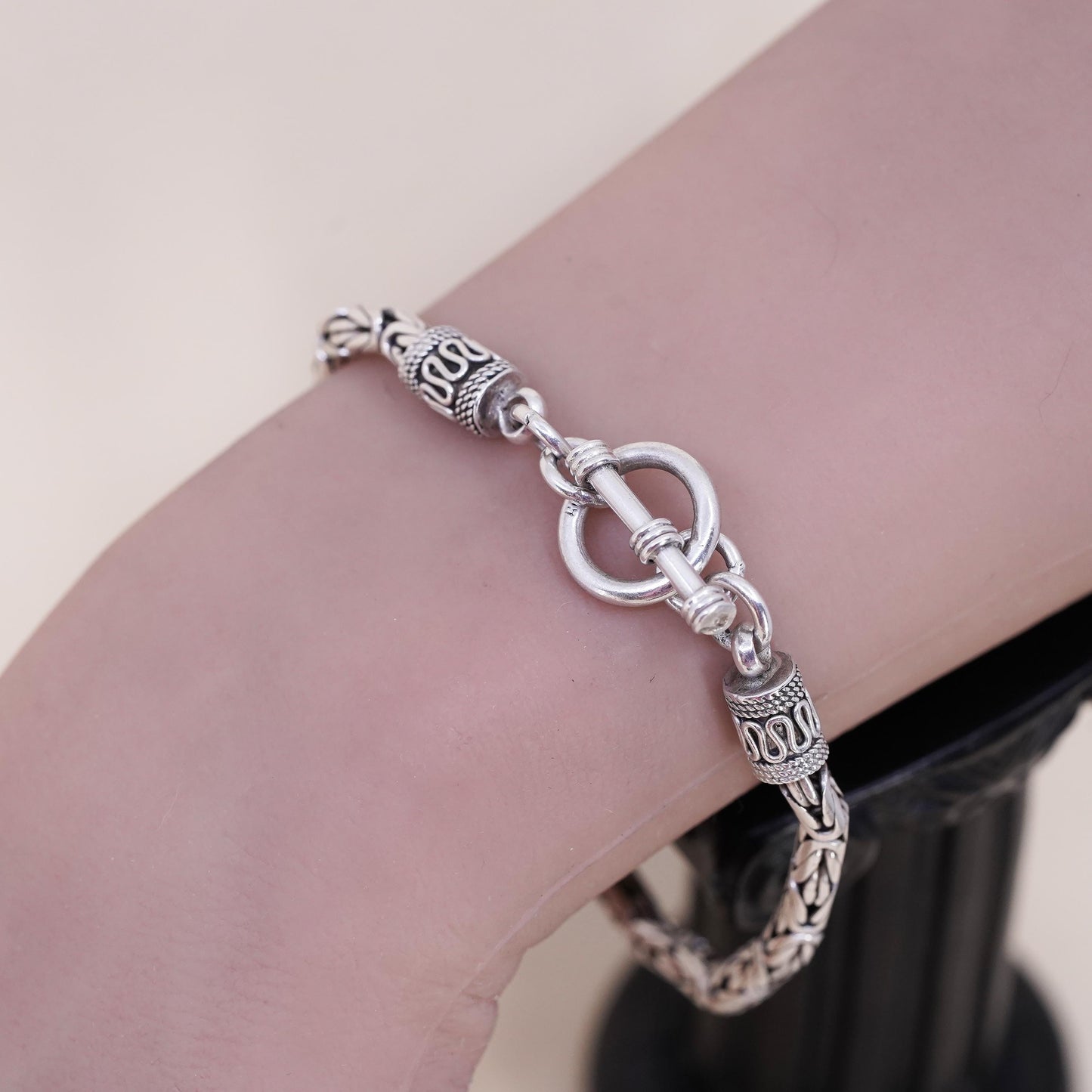 7", vintage Sterling silver handmade bracelet, 925 Byzantine, birdcage chain