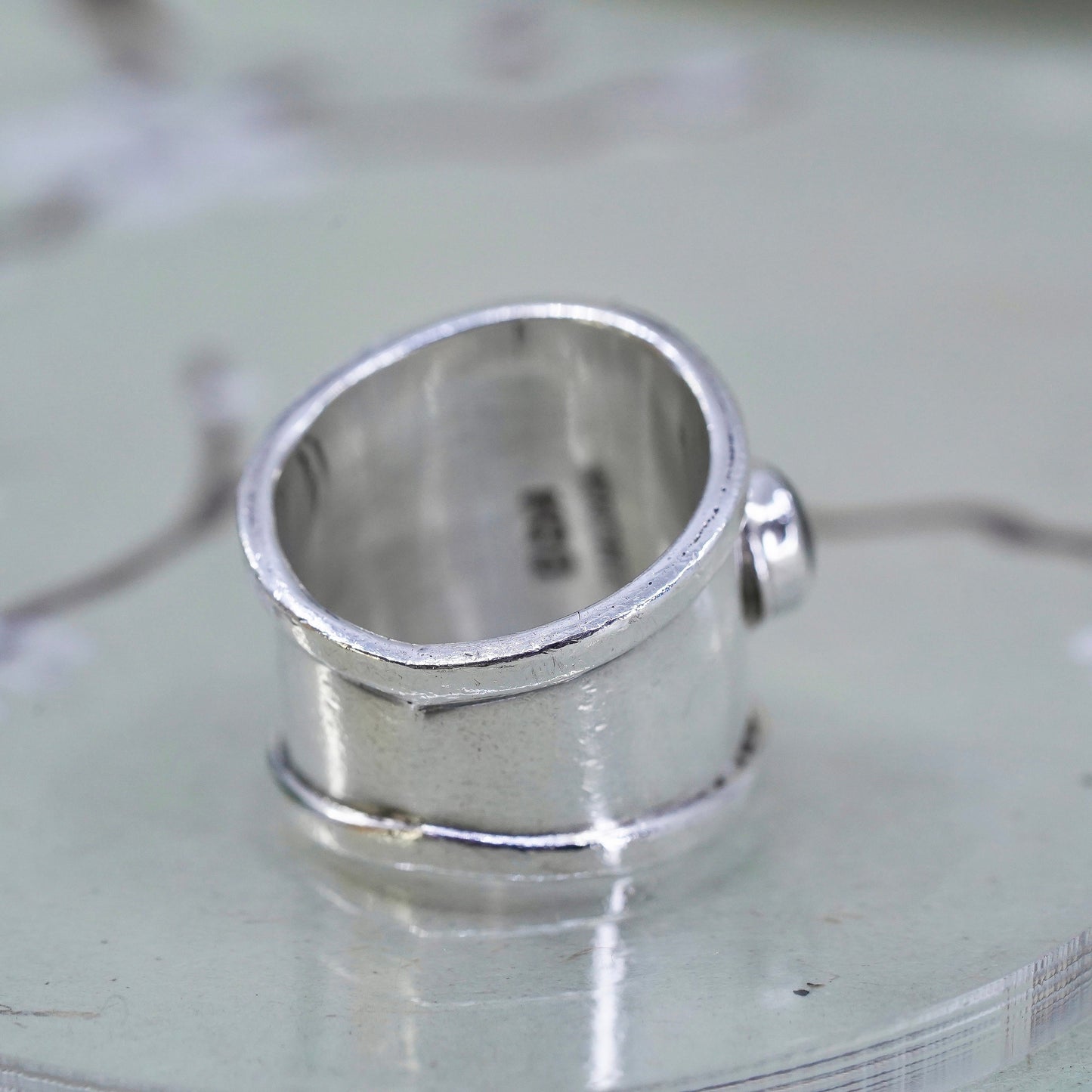 Size 8, vintage HOB Sterling 925 silver handmade statement ring with onyx inlay