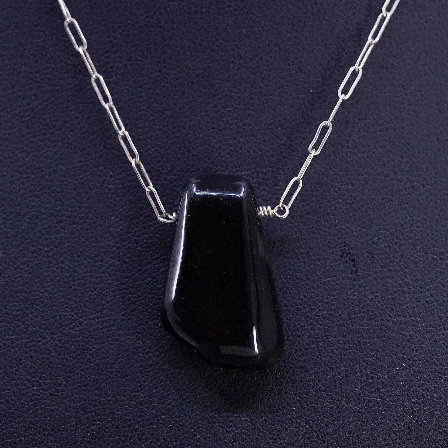 14" 2mm, vintage Sterling silver necklace, 925 elongated chain w/ onyx pendant