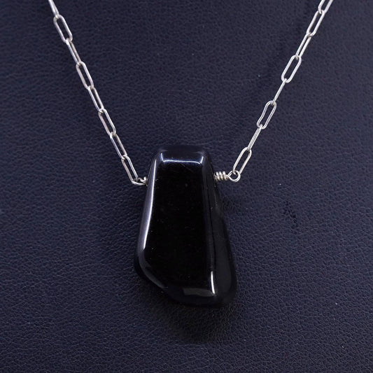 14" 2mm, vintage Sterling silver necklace, 925 elongated chain w/ onyx pendant