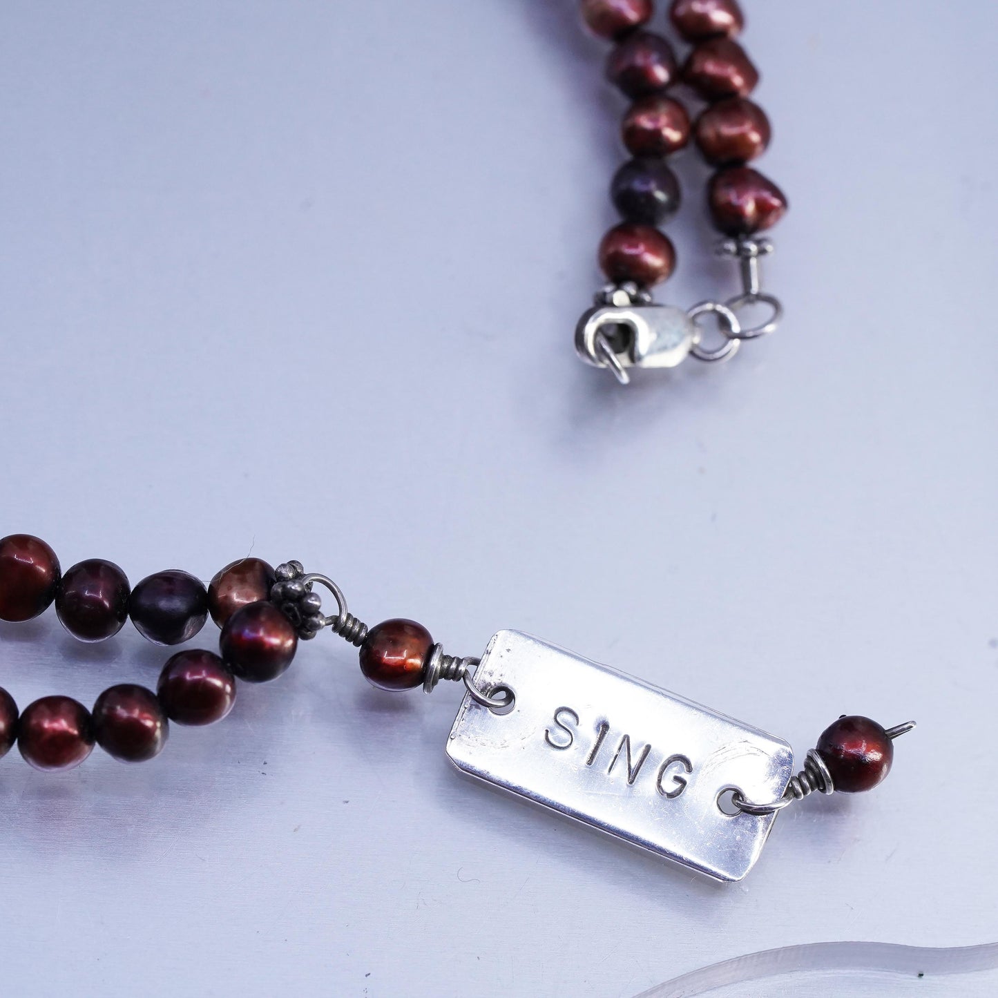 16", Vintage 5mm red freshwater pearl necklace Sterling 925 silver pendant Sing