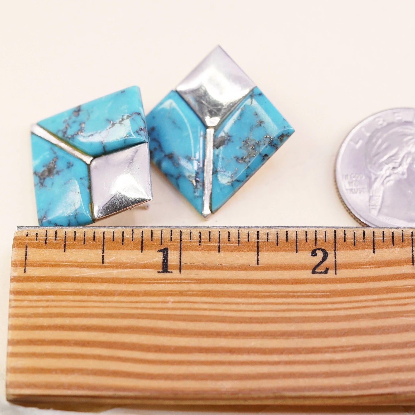 Native American Geometric Sterling silver earrings, 925 square studs turquoise