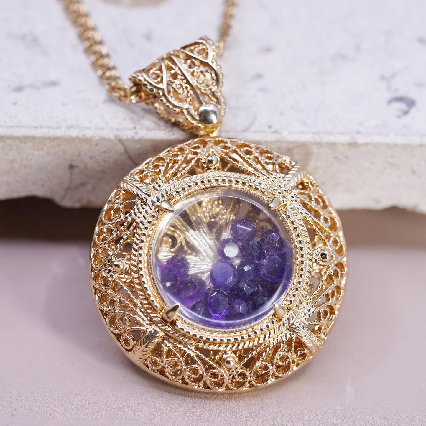 36" Turkey gold tone Sterling 925 silver necklace amethyst filigree pendant