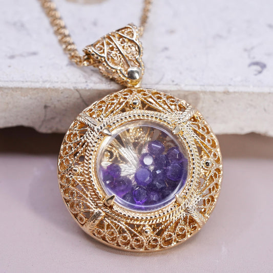 36" Turkey gold tone Sterling 925 silver necklace amethyst filigree pendant