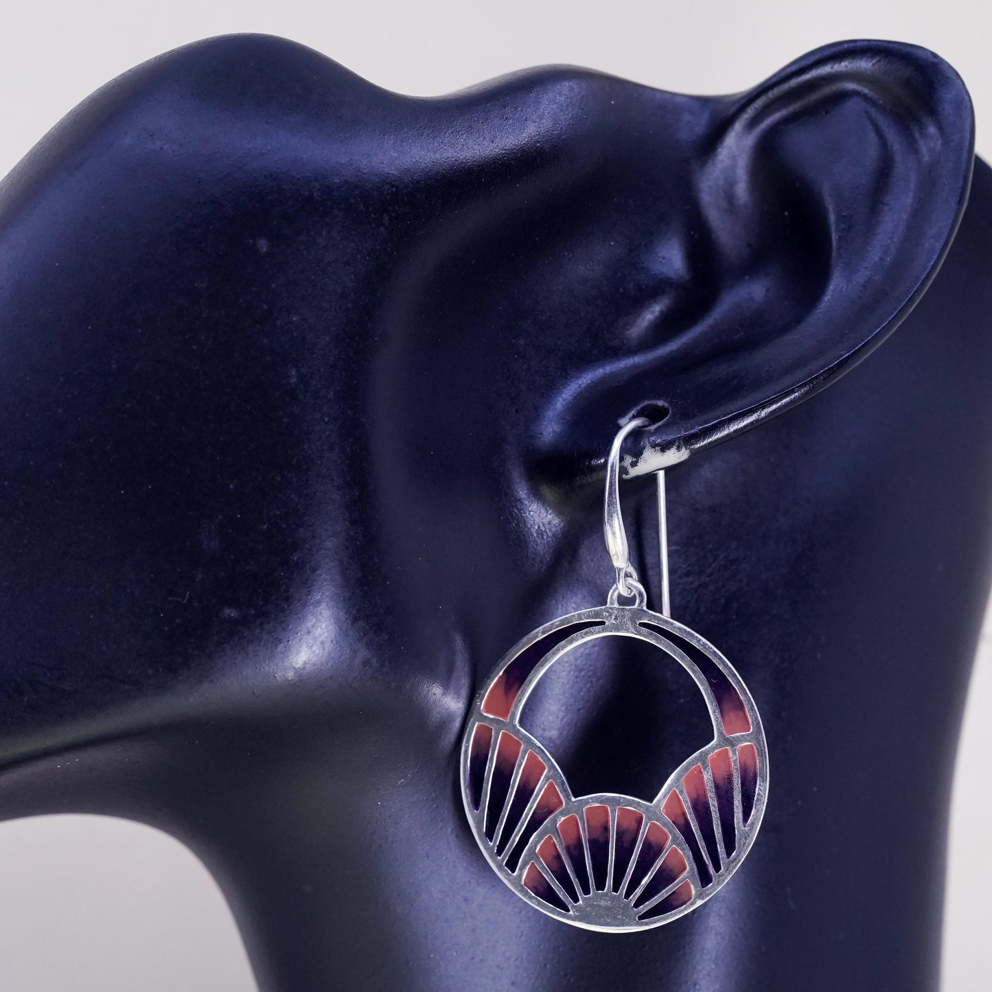 Vintage sterling silver handmade earrings, 925 abstract circle with pink enamel