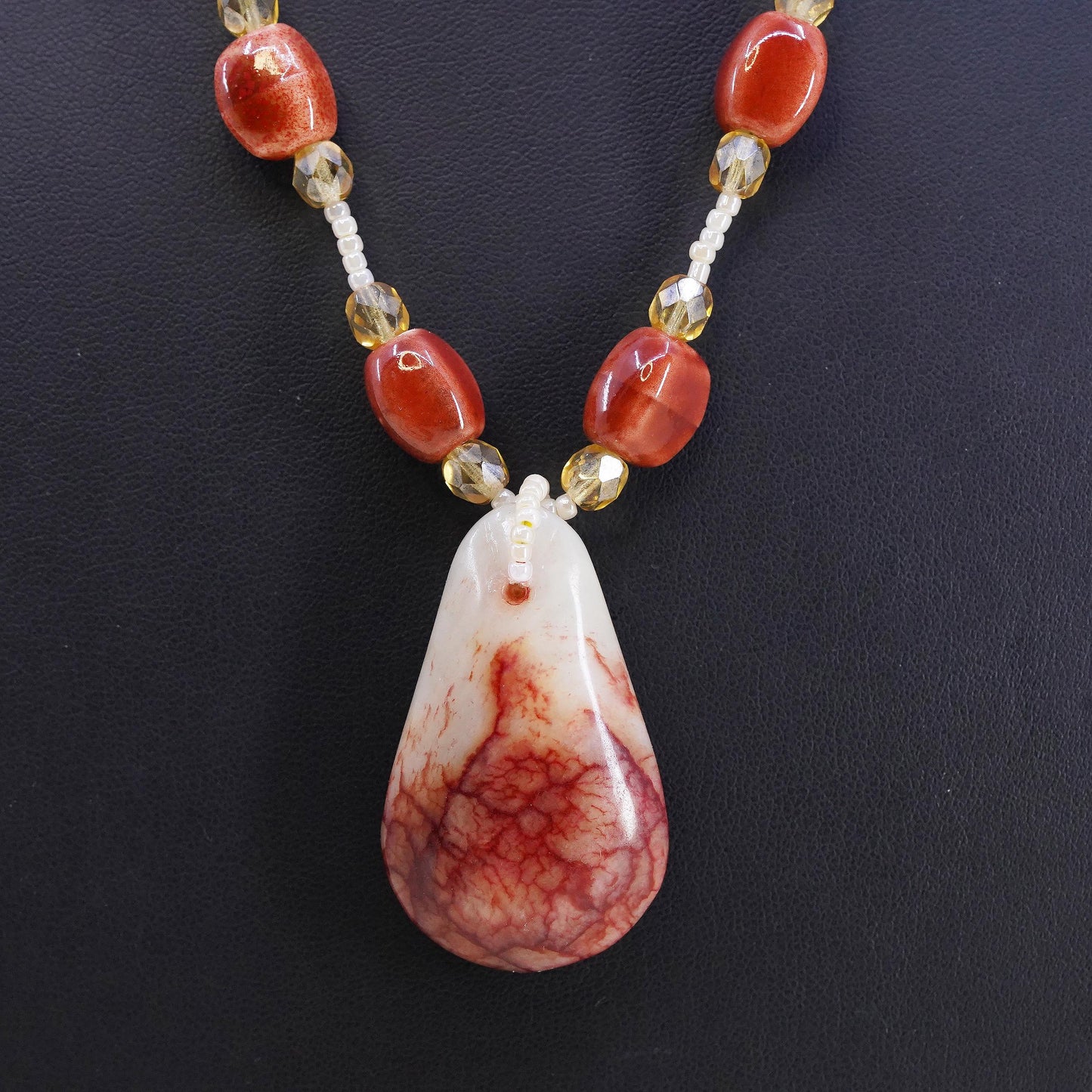 18”, VTG Red Vein Jasper Teardrop Pendant Necklace, Red Enamel Sterling Silver