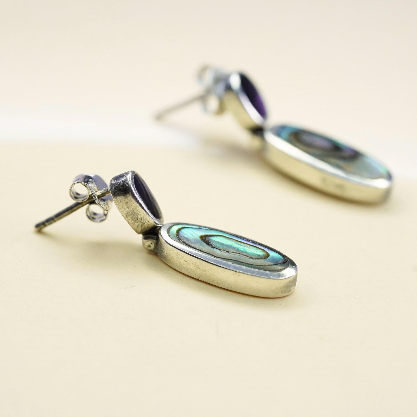 Vintage sterling 925 silver handmade oval earrings with abalone inlay