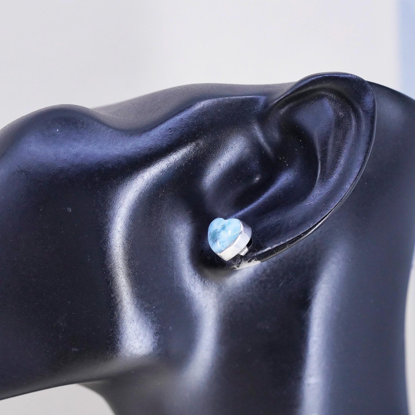 Native American handmade earrings. Sterling 925 silver heart studs with larimar