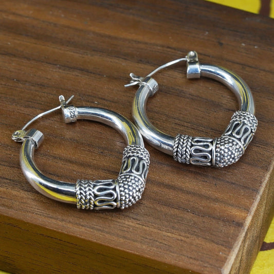 1.25”, Vintage BA Suarti Sterling silver handmade earrings, 925 textured hoops