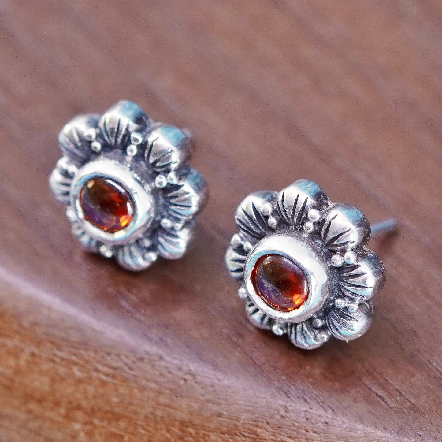 Vintage Sterling silver handmade earrings, 925 silver studs with garnet