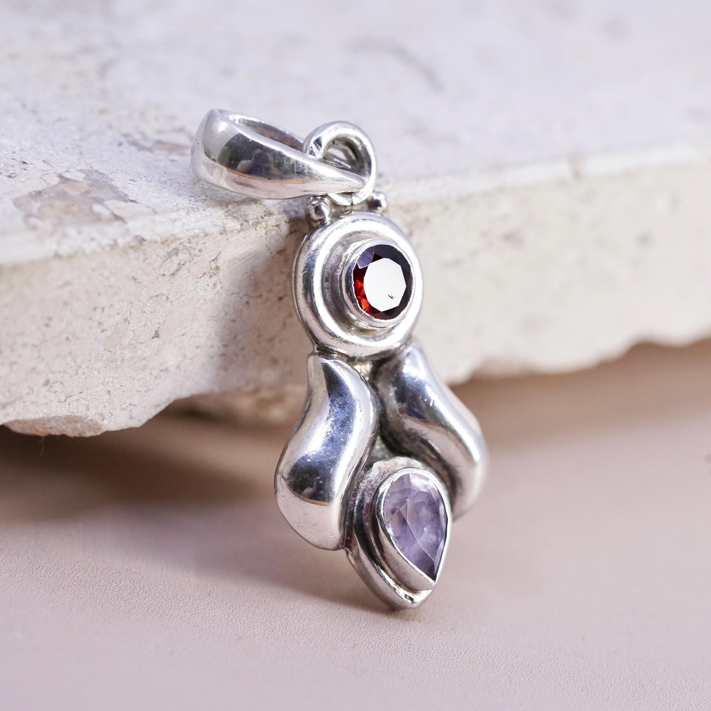 Vintage Sterling silver 925 handmade pendant with ruby and amethyst