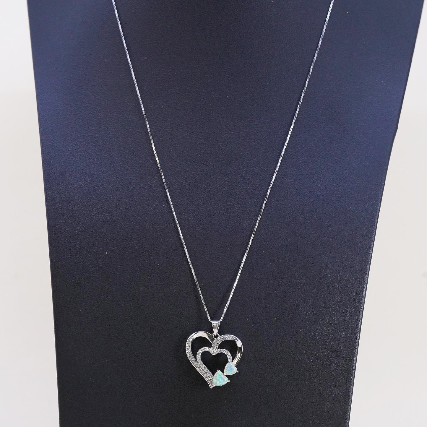 Opal Heart Necklace Sterling Silver 925 Double Heart White Topaz Pave Love
