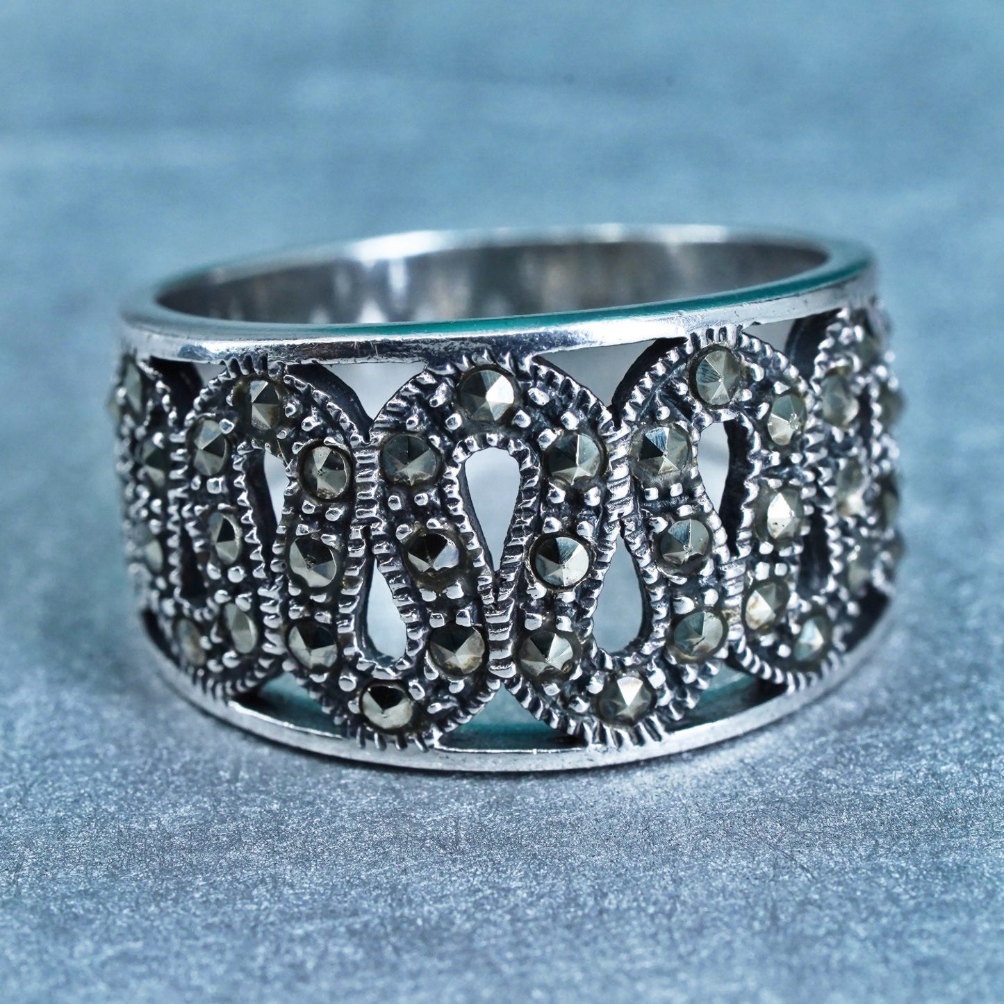 Size 8.75, southwestern Sterling 925 silver handmade ring, band with marcasite