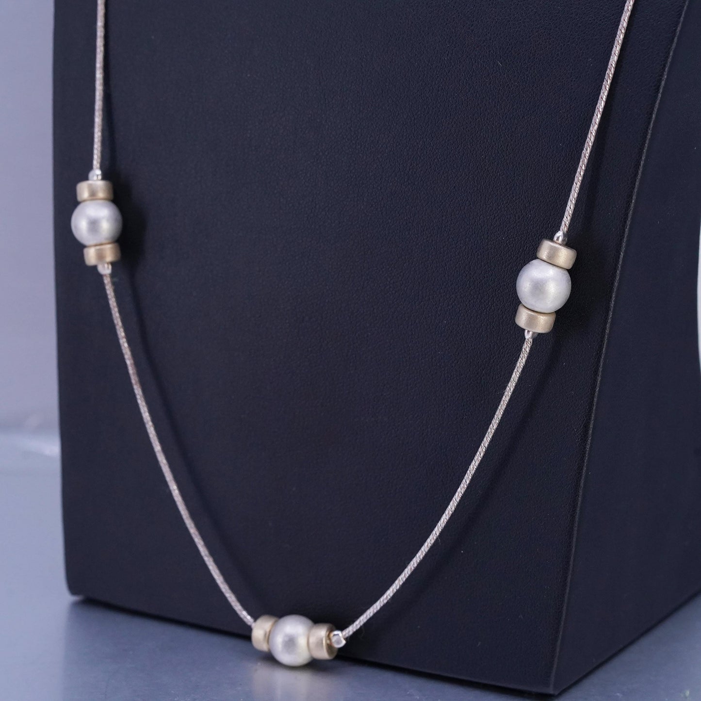 28" Italian two tone Sterling 925 silver snake chain necklace with beads