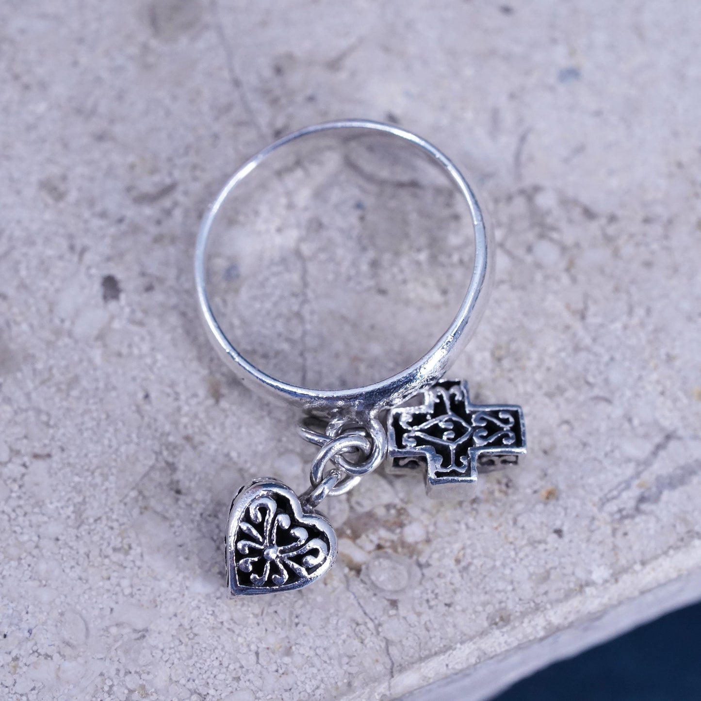 Size 5, vintage Sterling silver ring, 925 filigree ring with heart cross charms