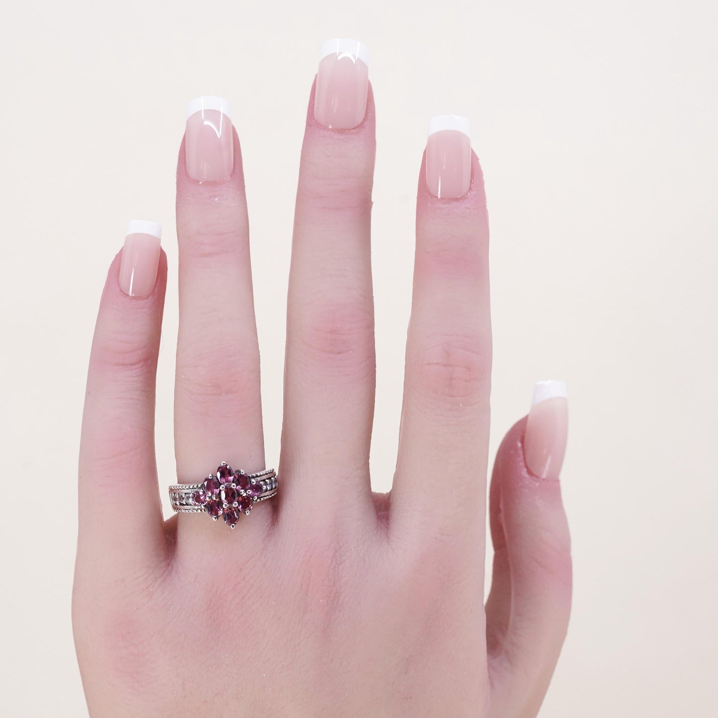 Size 7, vintage Sterling 925 silver ring with pink crystal and cluster cz