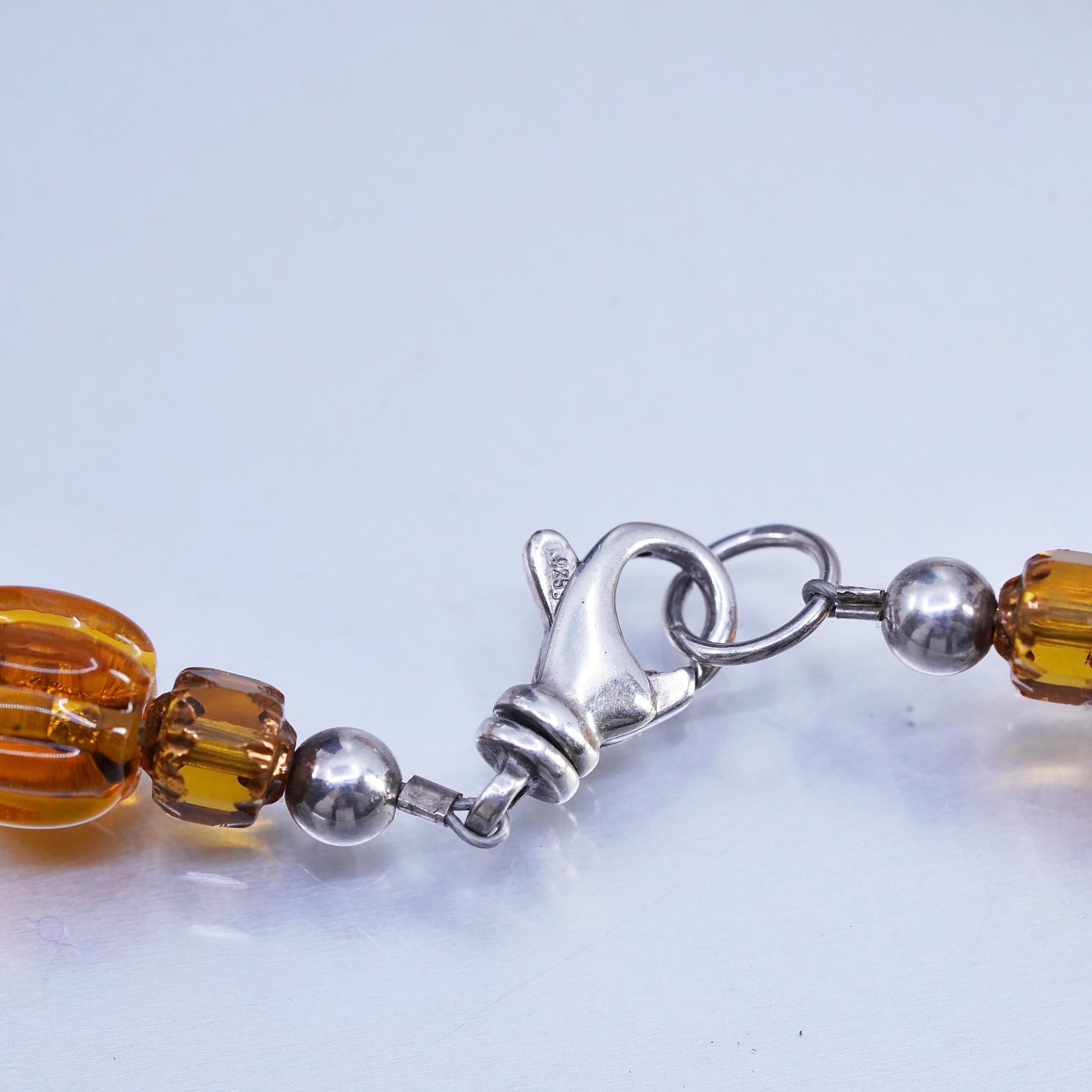 17", 925 Sterling 925 Silver Necklace with Amber beads and flower pendant