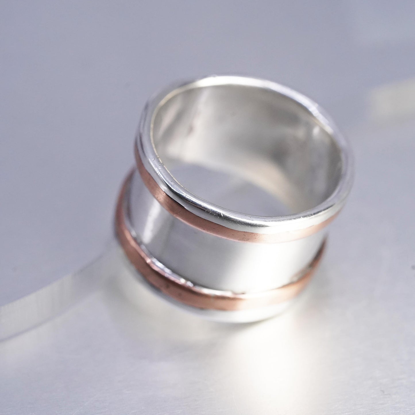 Size 10.5, southwestern Two Tone Sterling Silver Ring, 925 wide Band copper