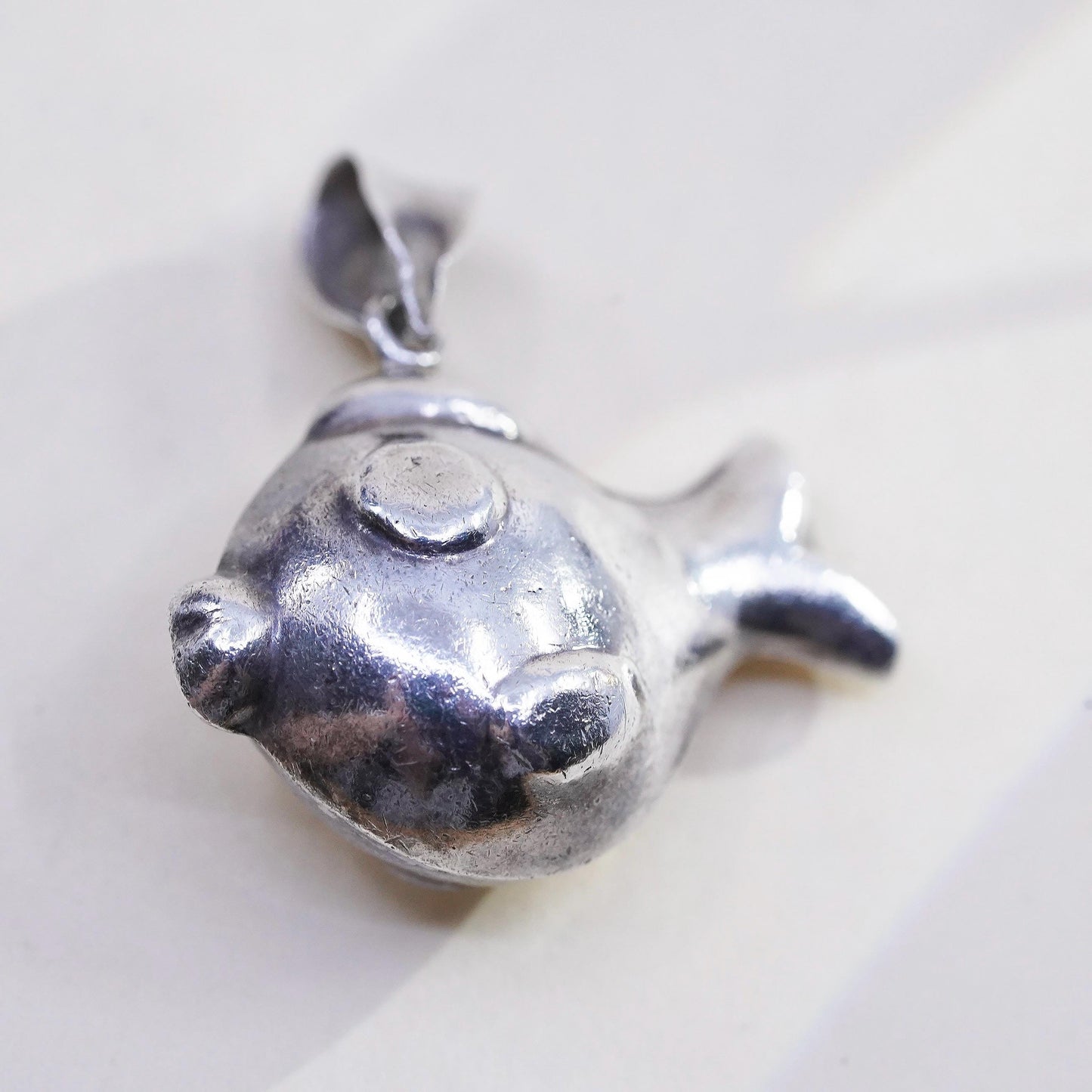 Vintage sterling silver handmade puffy goofy fish charm, 925 pendant