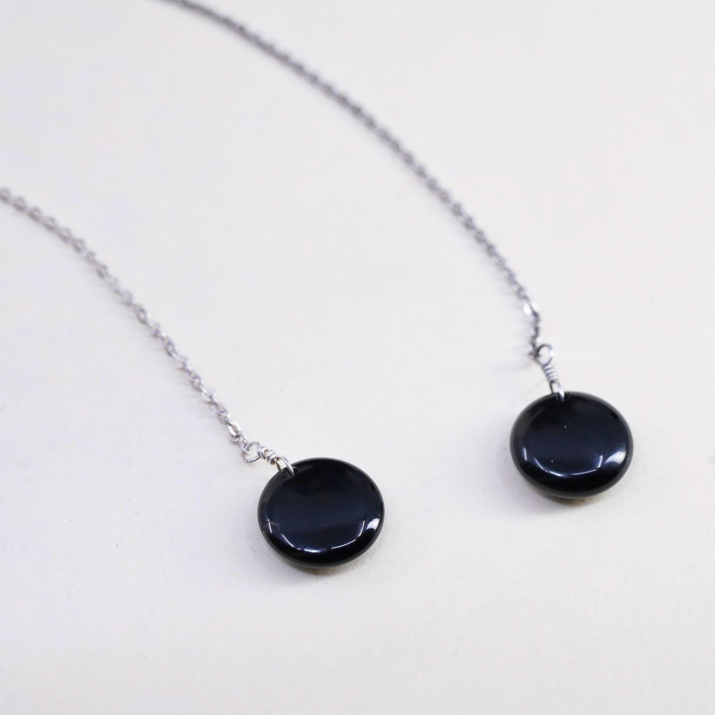 VTG Sterling silver handmade earrings, long 925 circle chain black onyx drops